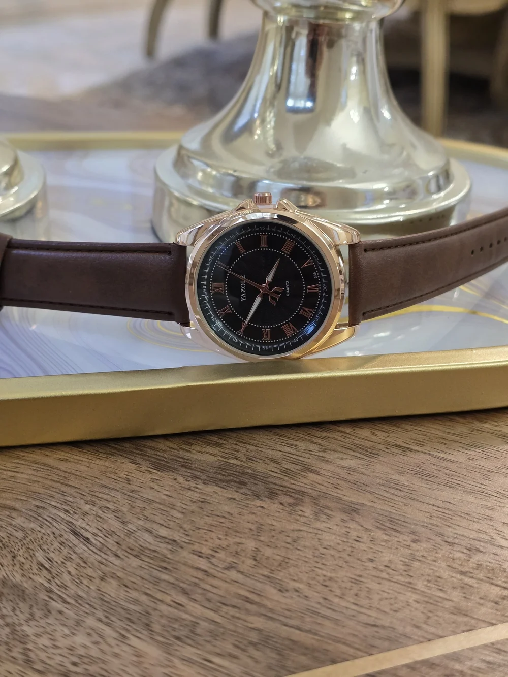 Men's Black Dial Brown Leather Strap Watch - Rose Gold Case